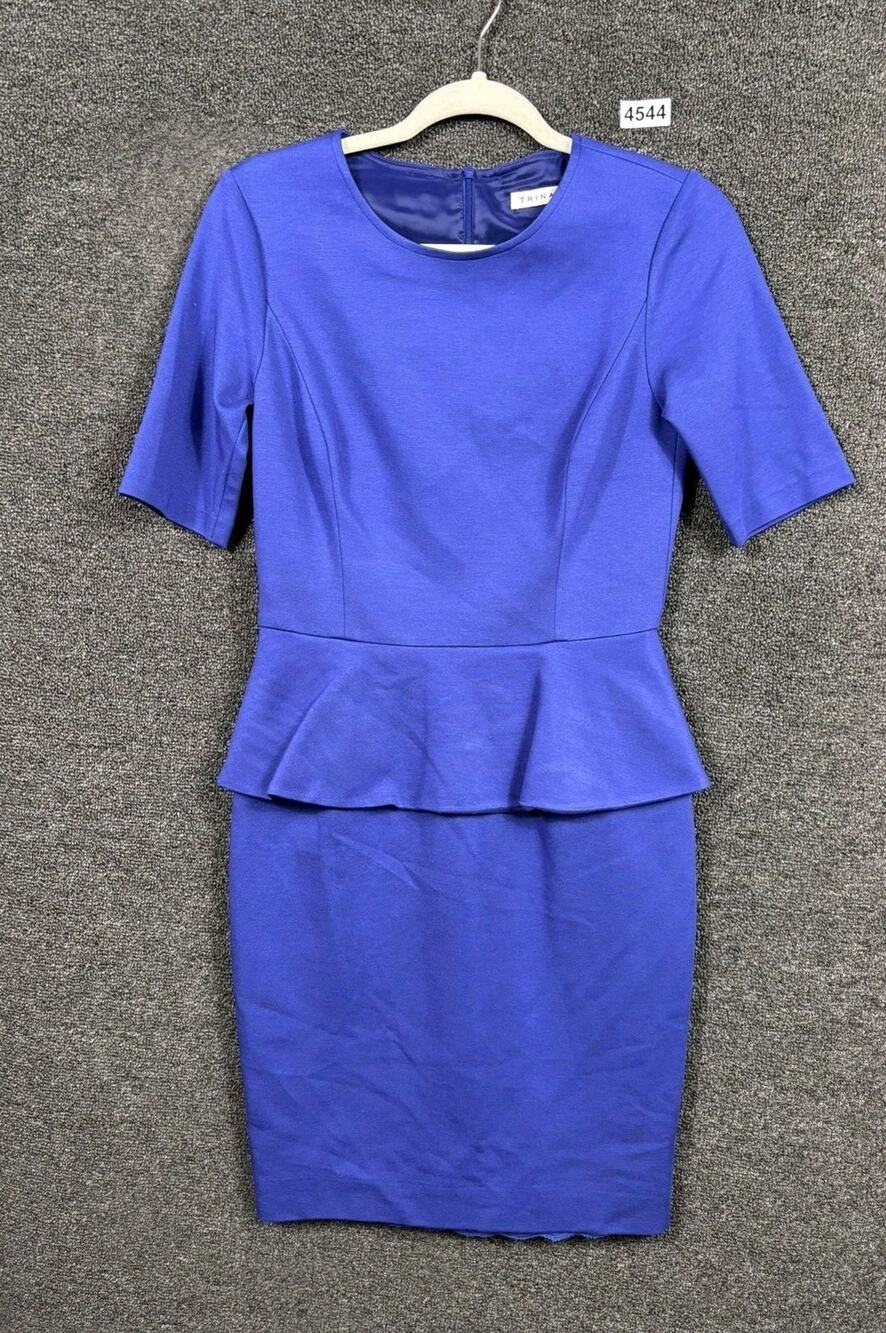 Trina Turk Sheath Dress Womens Medium Blue Peplum Knit Knee Length Half Sleeve
